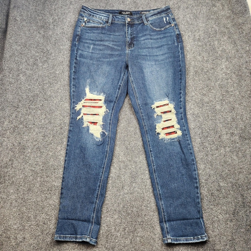 Judy Blue Boyfriend Jeans Womens 15/32 Mid Rise Buffalo Plaid Patch Distressed‎